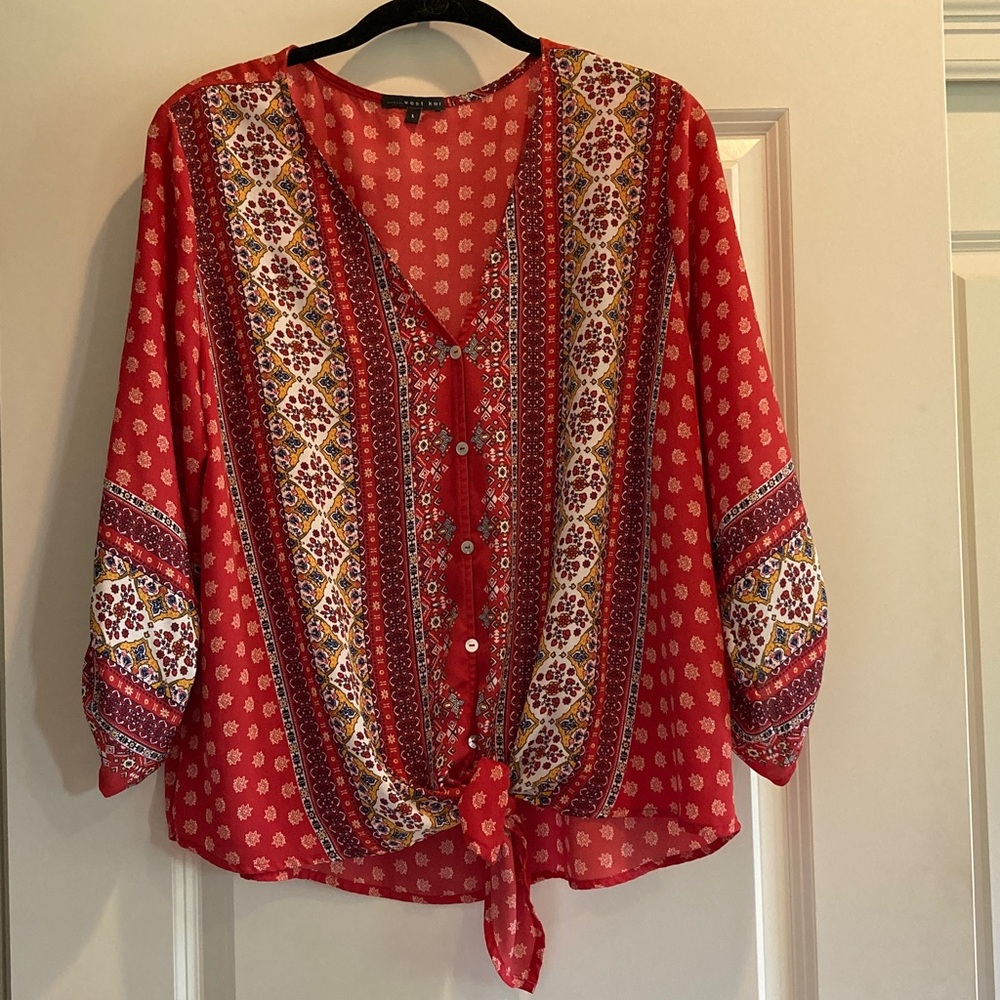 West Kei Talina Tie Front Blouse, Reddish Orange, Sz L.